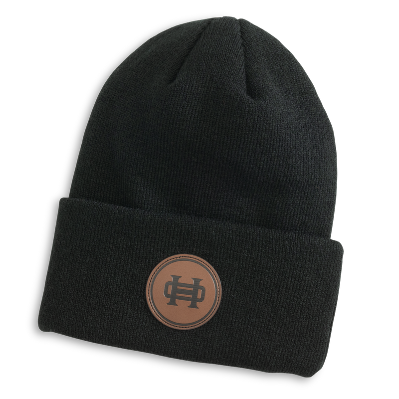 Leather Patch Beanie: Black