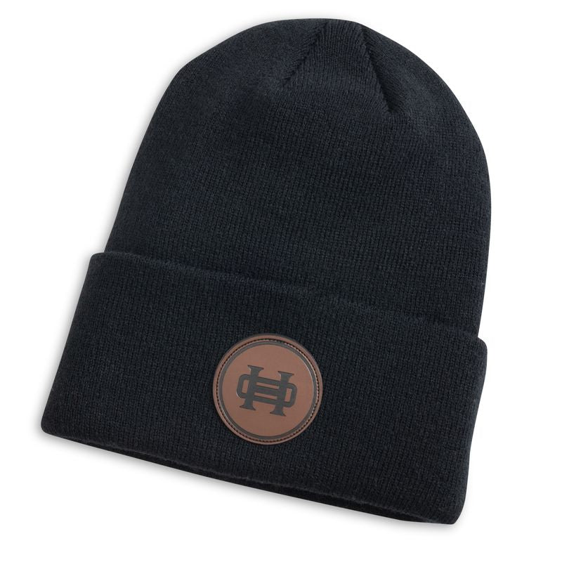Leather Patch Beanie: Black